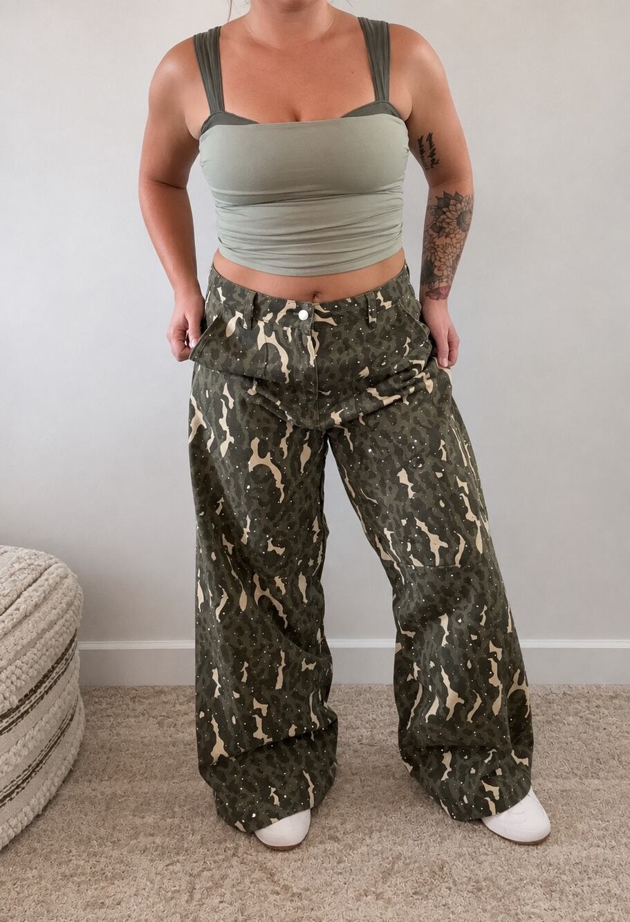 American Bazi Olive Camo Rhinestone Wide Leg Pants High Rise NWT Size L